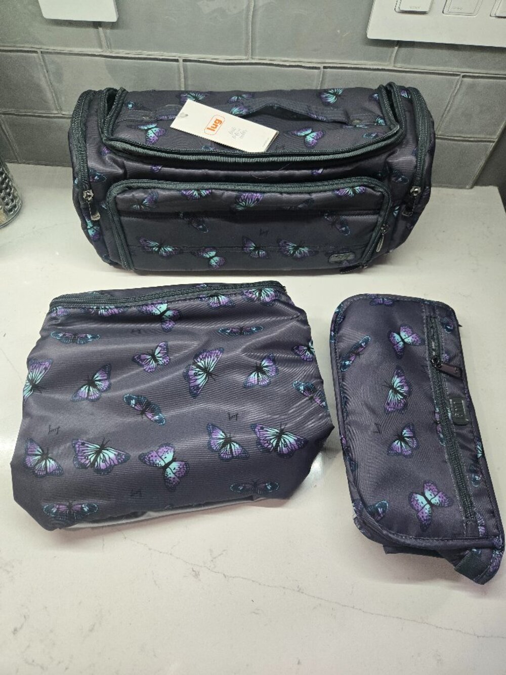 Lug Trolley XL Dolly Parasail Makeup Cosmetic Butterfly Gray 3 Bag Set Case NEW